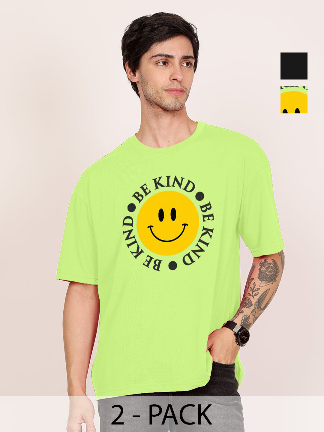 

Leotude Men Pack Of 2 Graphic Printed Round Neck Cotton Oversized T-shirts, Green