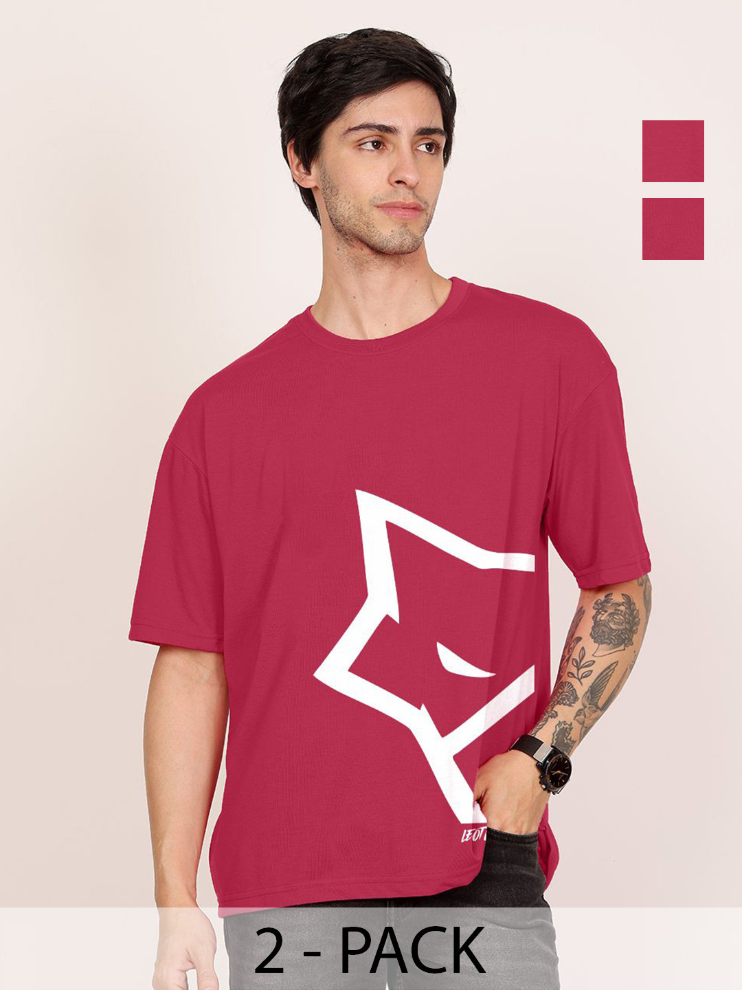 

Leotude Men Pack Of 2 Graphic Printed Round Neck Cotton Oversized T-shirts, Pink