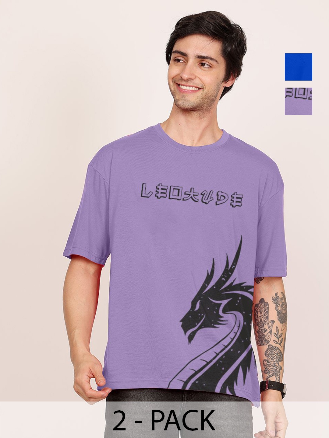 

Leotude Men Pack Of 2 Graphic Printed Round Neck Cotton Oversized T-shirts, Purple