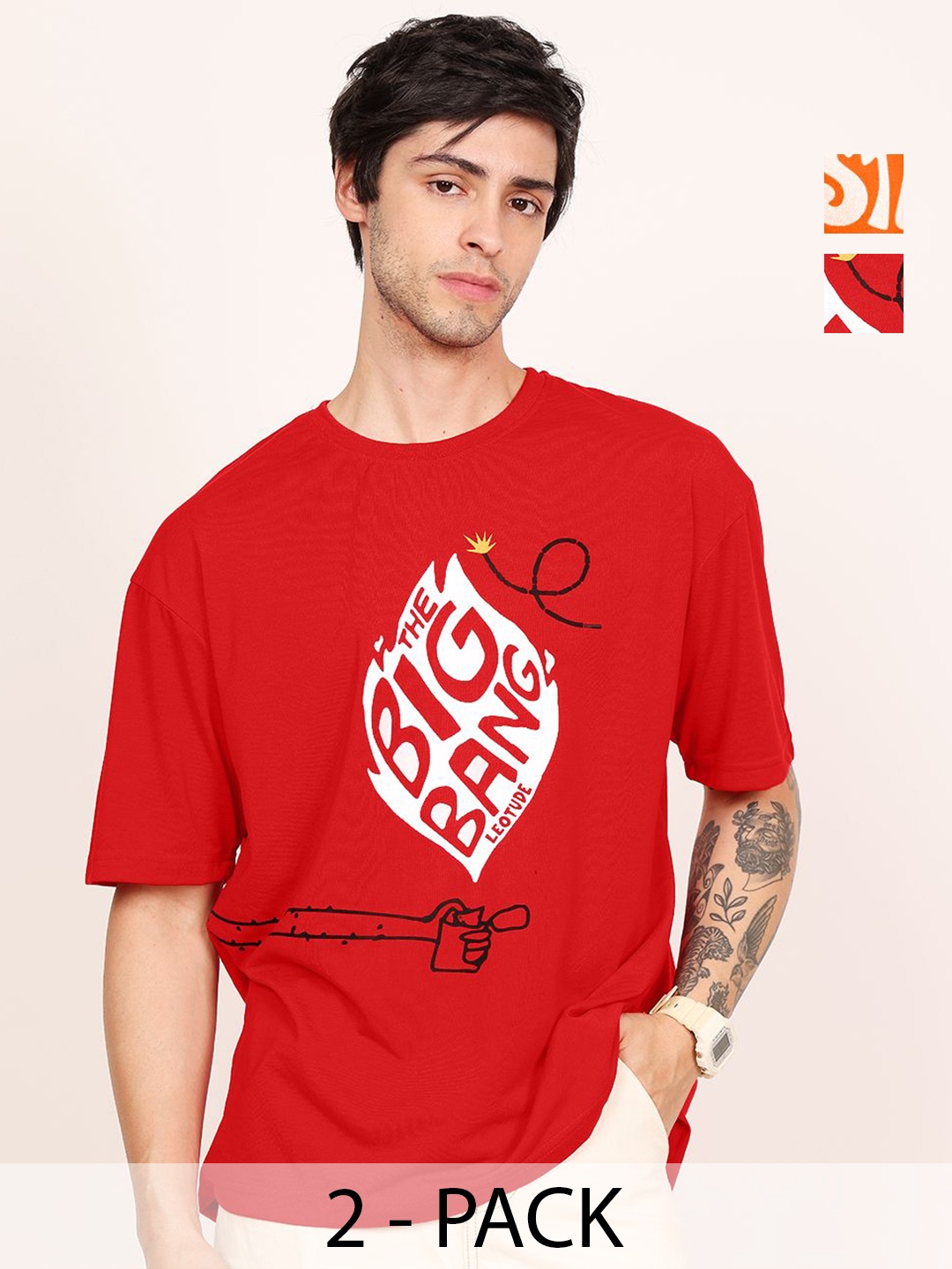 

Leotude Men Pack Of 2 Typography Printed Round Neck Cotton Oversized T-shirts, Red