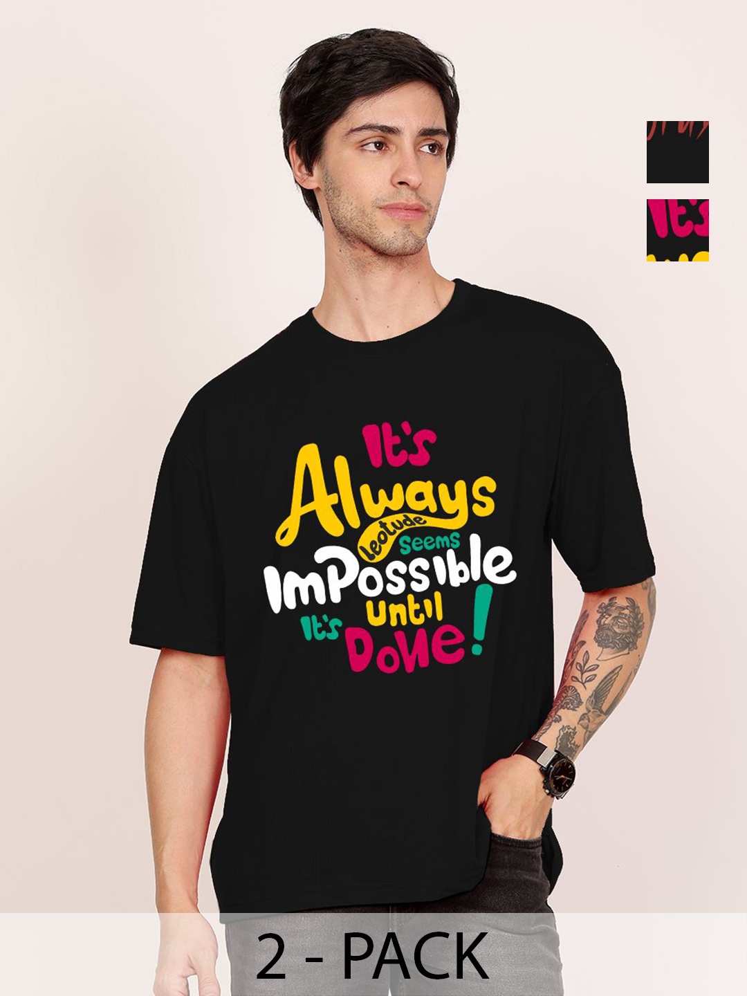 

Leotude Men Pack Of 2 Graphic Printed Round Neck Cotton Oversized T-shirts, Black