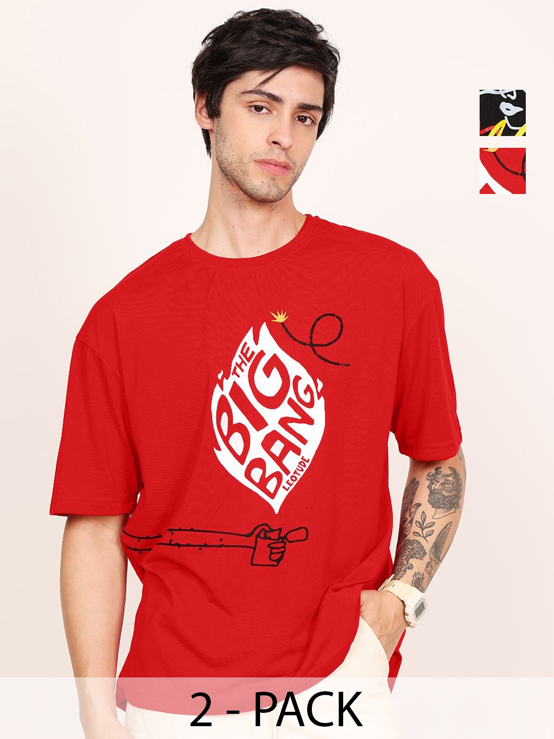 

Leotude Men Pack Of 2 Graphic Printed Round Neck Cotton Oversized T-shirts, Red