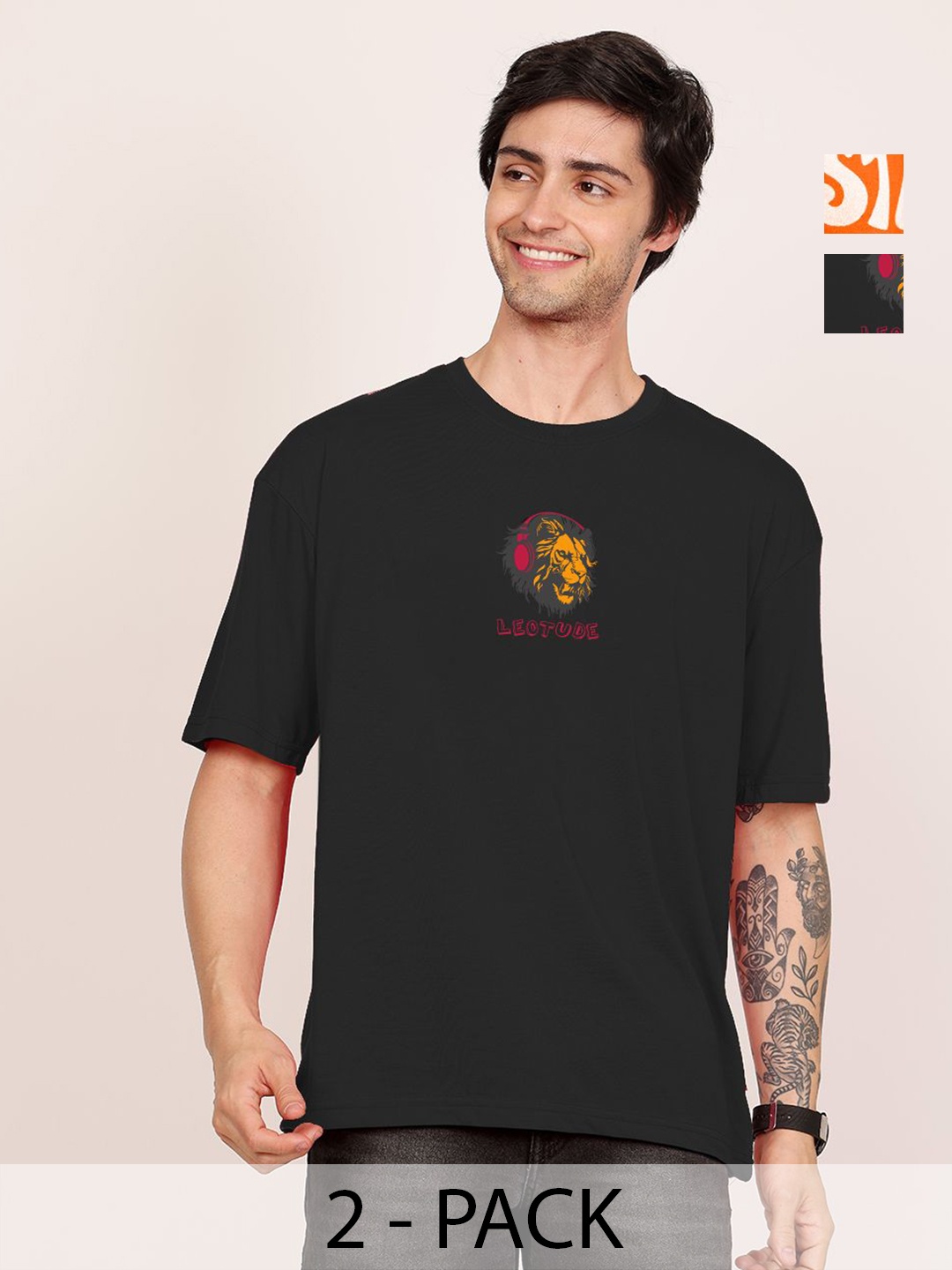 

Leotude Men Pack Of 2 Graphic Printed Round Neck Cotton Oversized T-shirts, Black