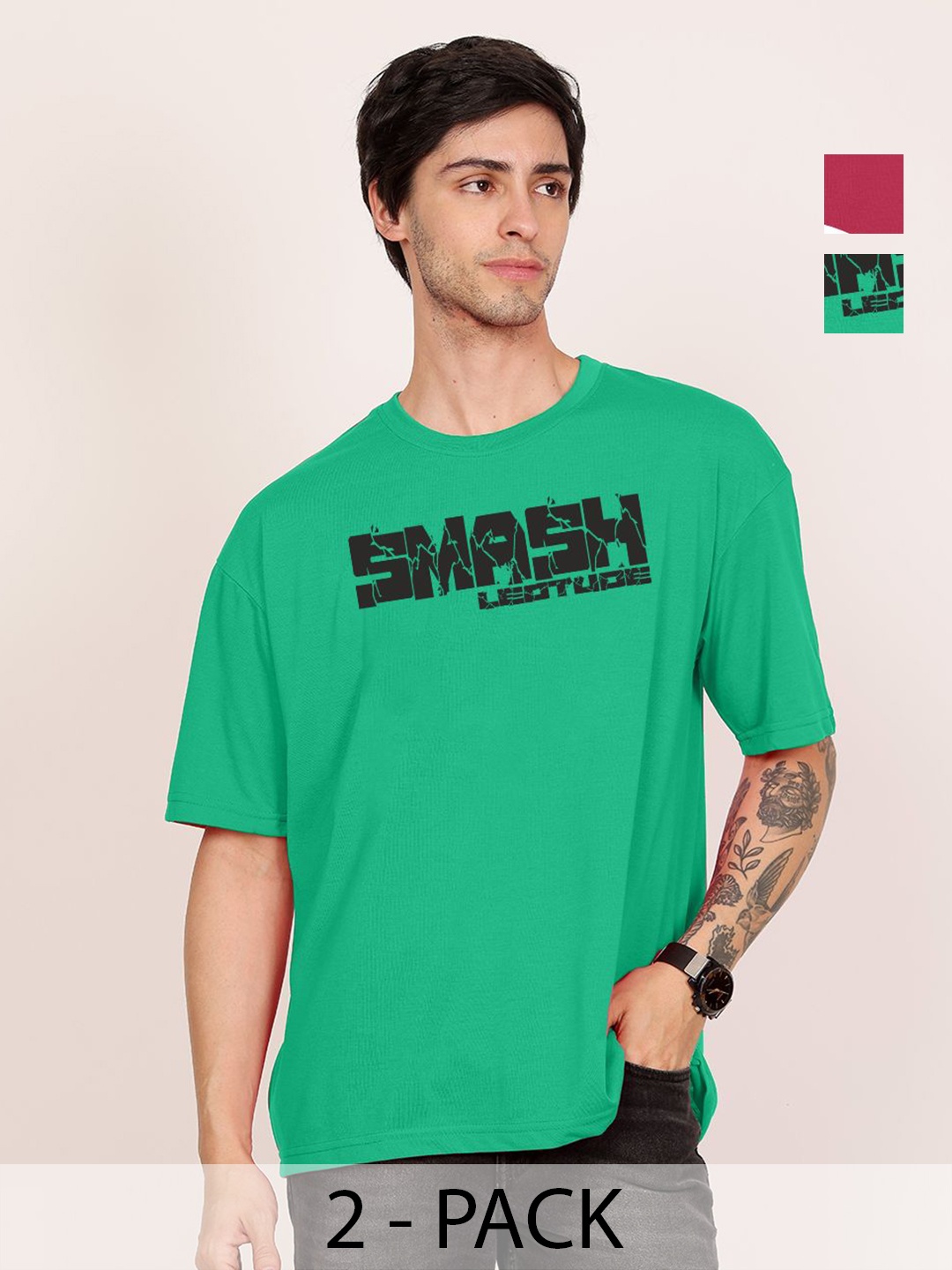 

Leotude Men Pack Of 2 Hulk Graphic Printed Round Neck Cotton Oversized T-shirts, Green