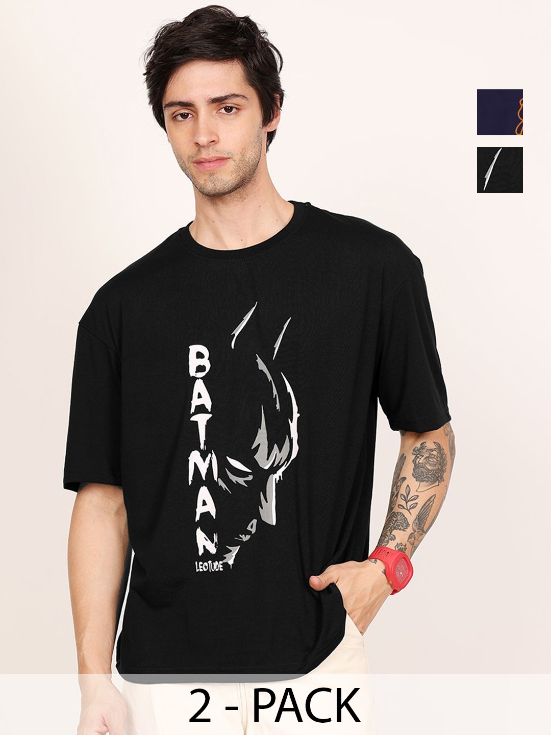 

Leotude Men Pack Of 2 Batman Graphic Printed Round Neck Cotton Oversized T-shirts, Black