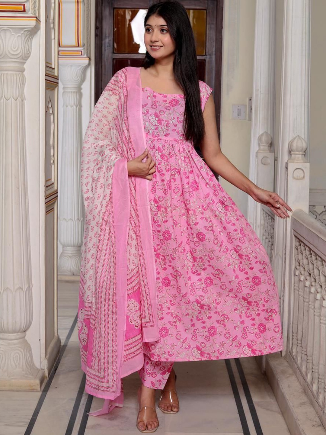 

AARYAHI Floral Printed Pure Cotton Pleated Anarkali Kurta With Trousers & Dupatta, Pink
