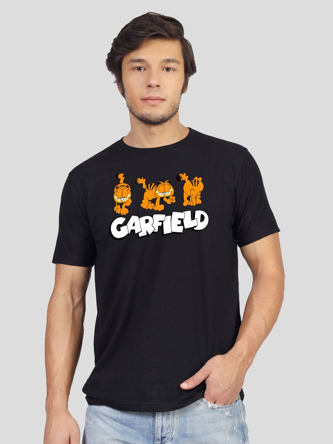 

Greylongg Men Garfield Graphic Printed Round Neck Cotton T-shirt, Black