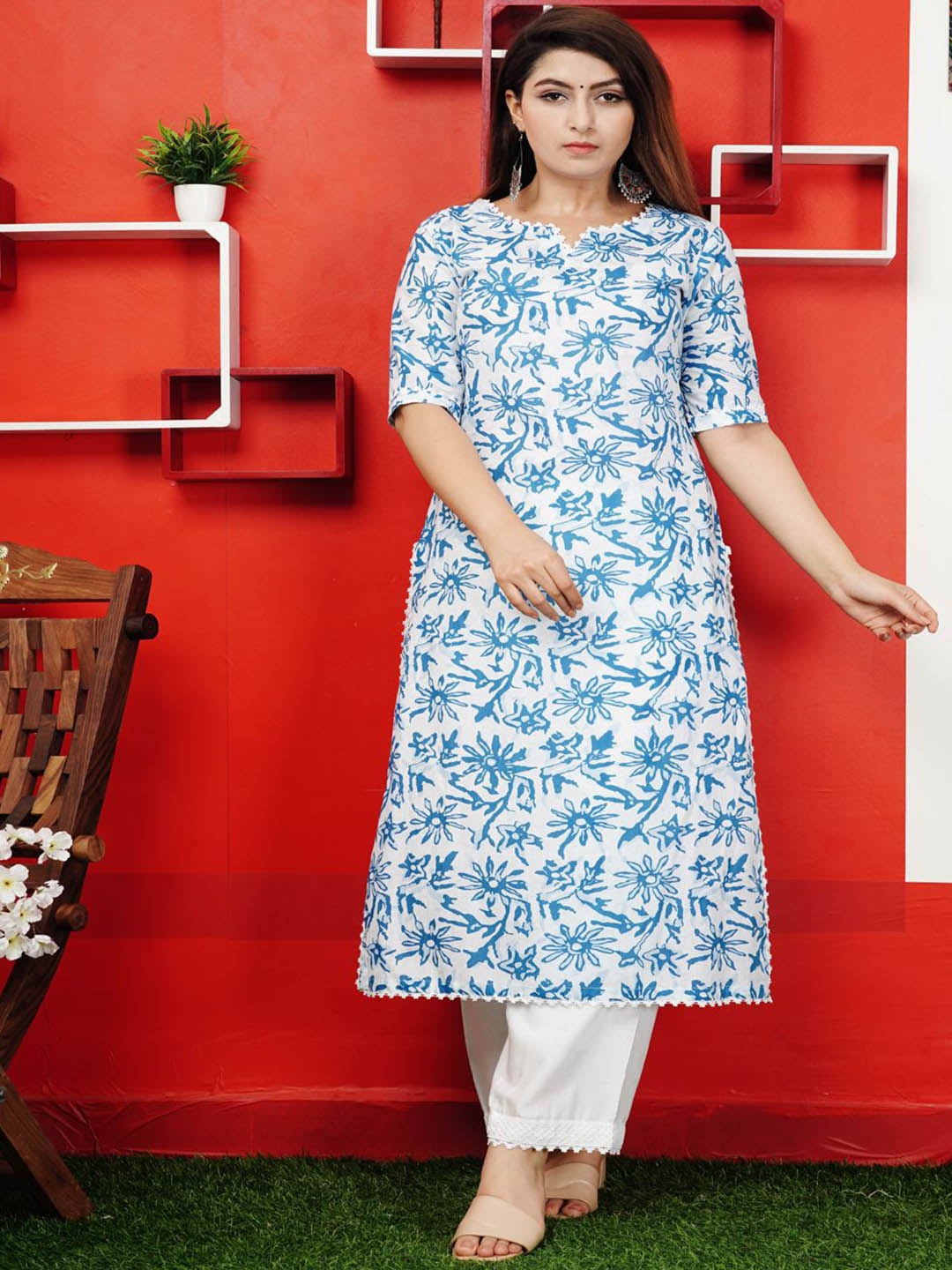 

Shivaradhya Designers Floral Printed Notch Neck Pure Cotton Kurta With Trousers, White