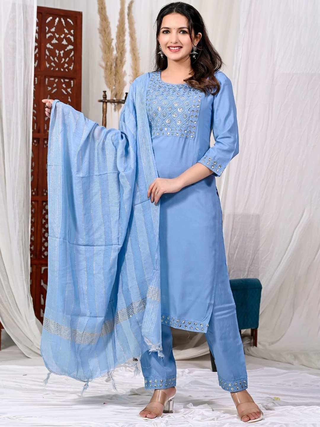 

GORDHAN Ethnic Motifs Embroidered Sequinned Straight Kurta With Trousers & Dupatta, Blue