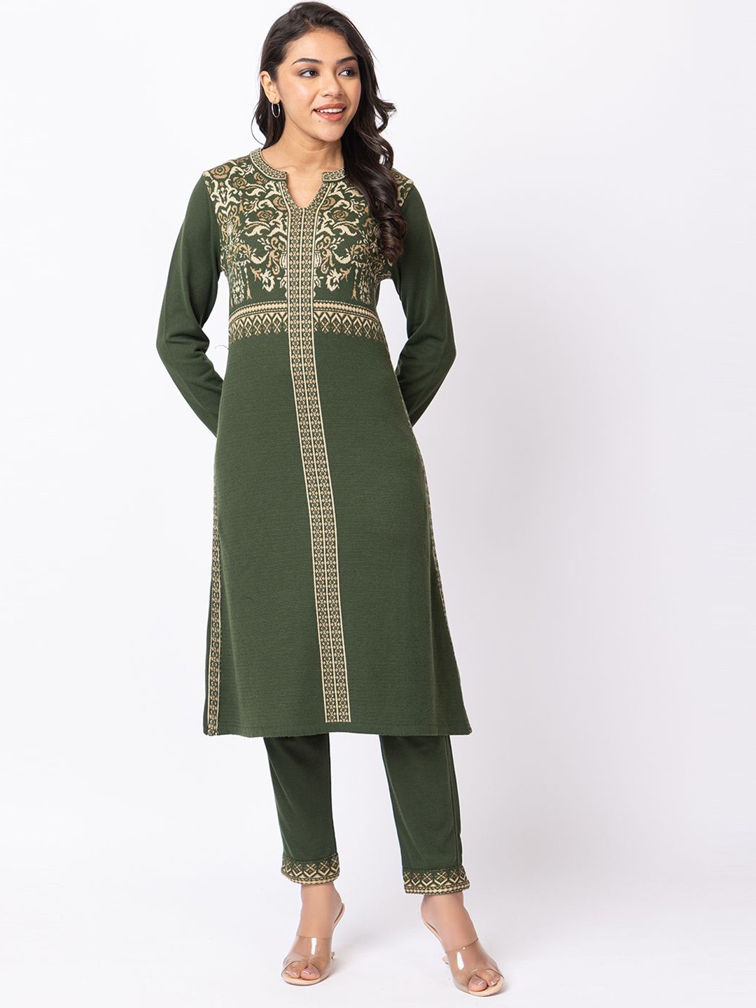 

KEIKO Ethnic Motifs Printed Mandarin Collar Straight Kurta with Trousers, Olive