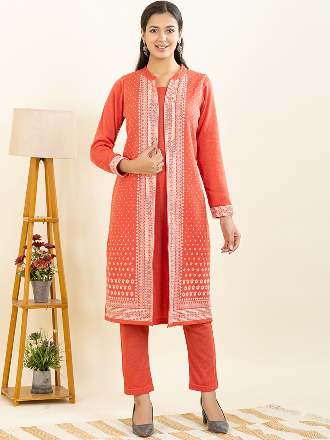 

KEIKO Geometric Woven Design Mandarin Collar Acrylic Straight Kurta with Trousers, Coral