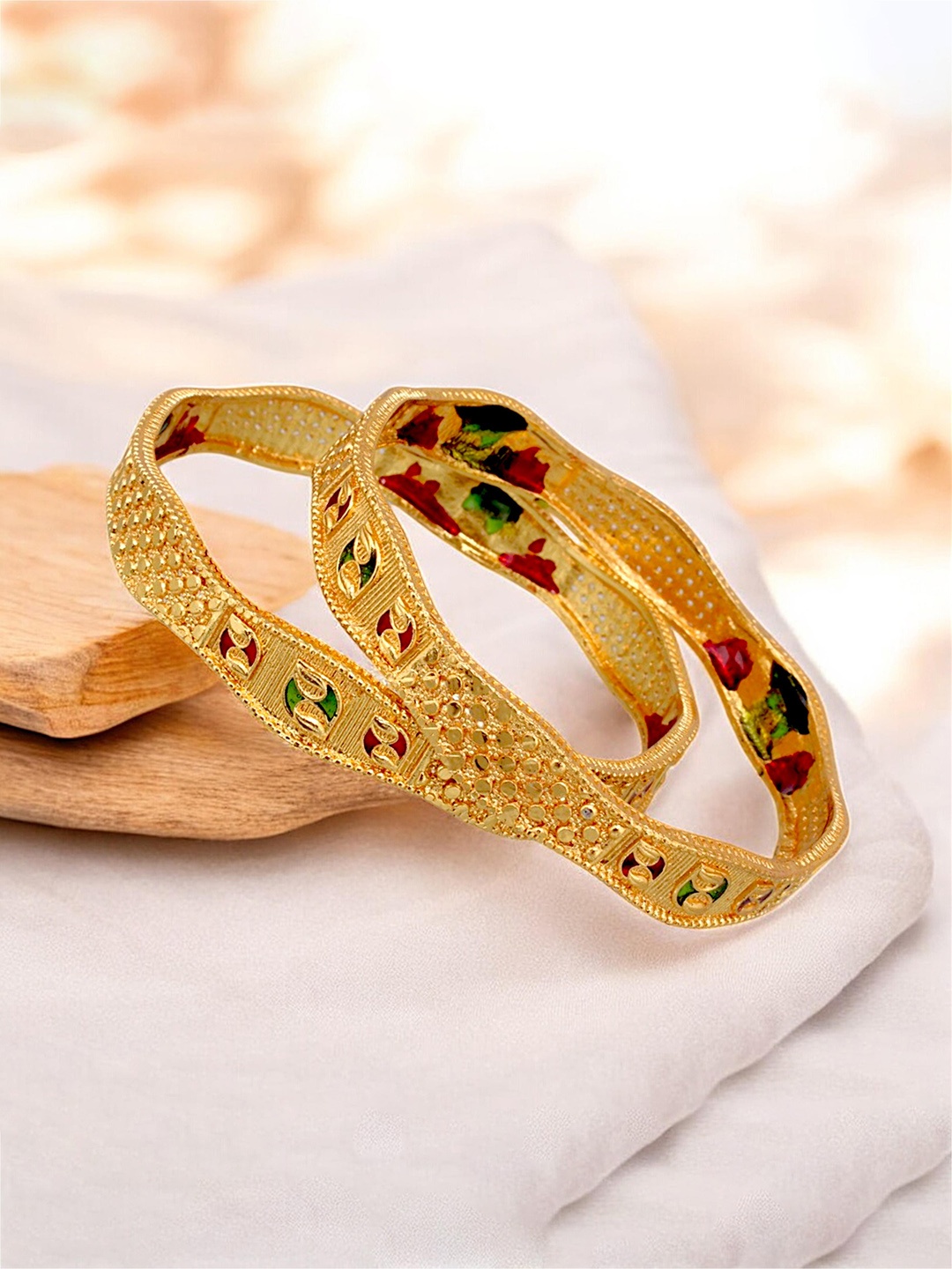 

LUCKY JEWELLERY Set of 2 Traditional Designer 18KT One Gram Gold Plated Bangles