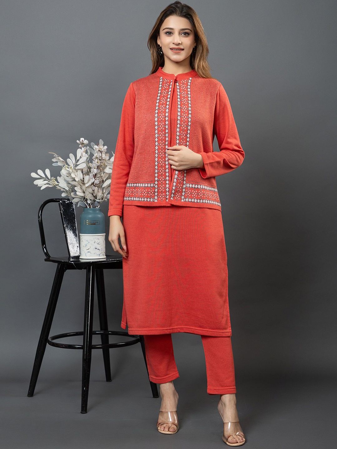 

KEIKO Striped Woven Design Mandarin Collar Acrylic Straight Kurta with Trousers, Coral