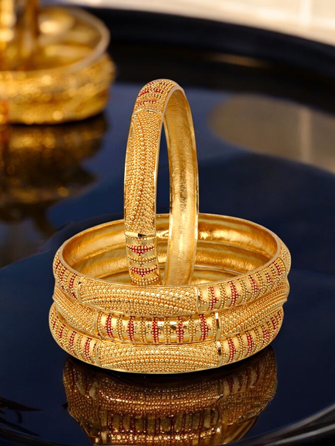 

LUCKY JEWELLERY Set of 4 Traditional Designer 18KT One Gram Gold Plated Bangles
