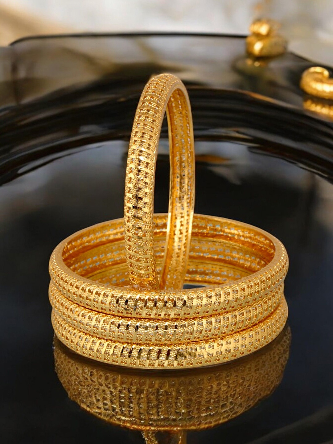 

LUCKY JEWELLERY Set of 4 Traditional Designer 18KT One Gram Gold Plated Bangles