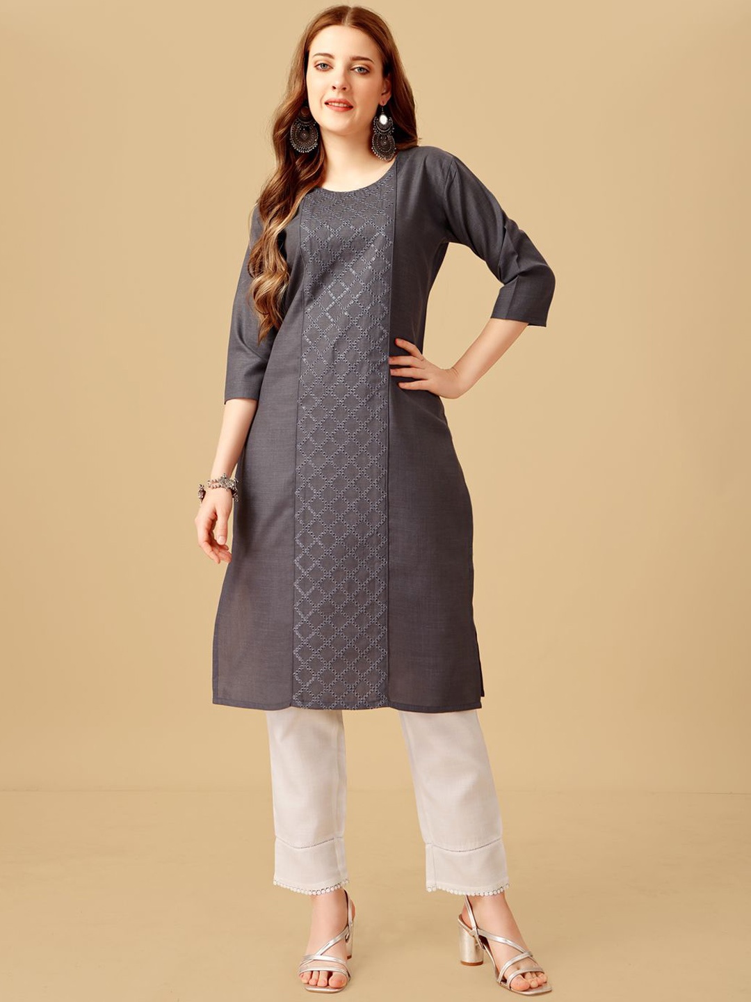 

BERISTON Checked Embroidered Sequinned Straight Kurta With Trouser, Grey