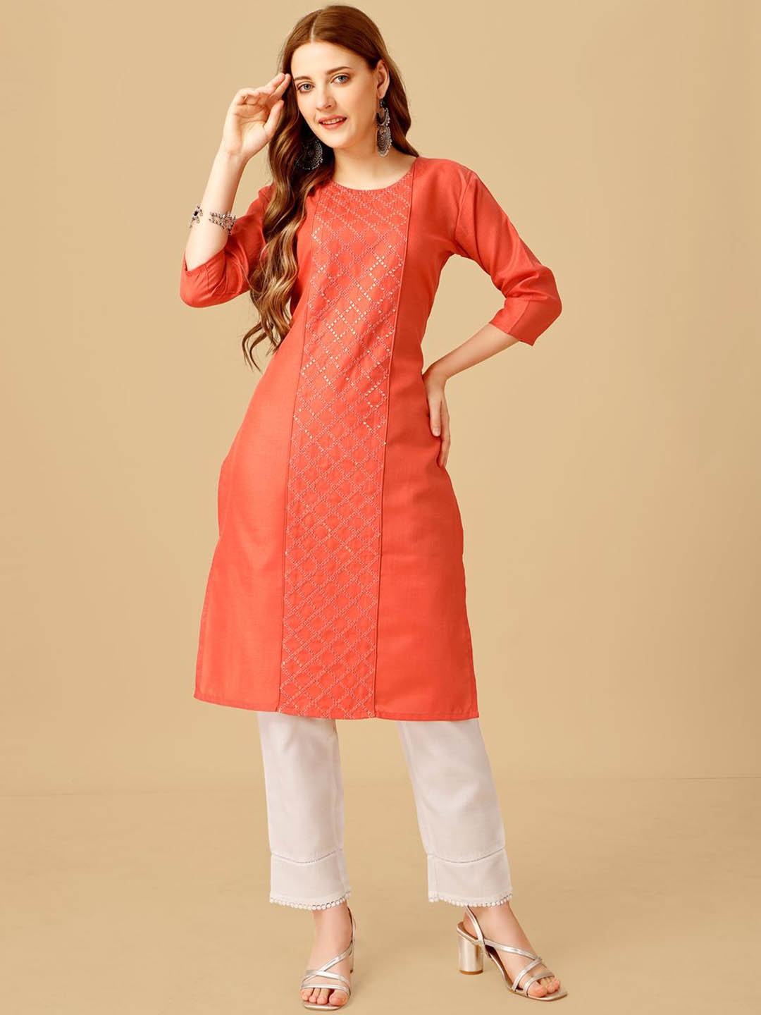 BERISTON Checked Embroidered Sequinned Straight Kurta With Trouser, Coral