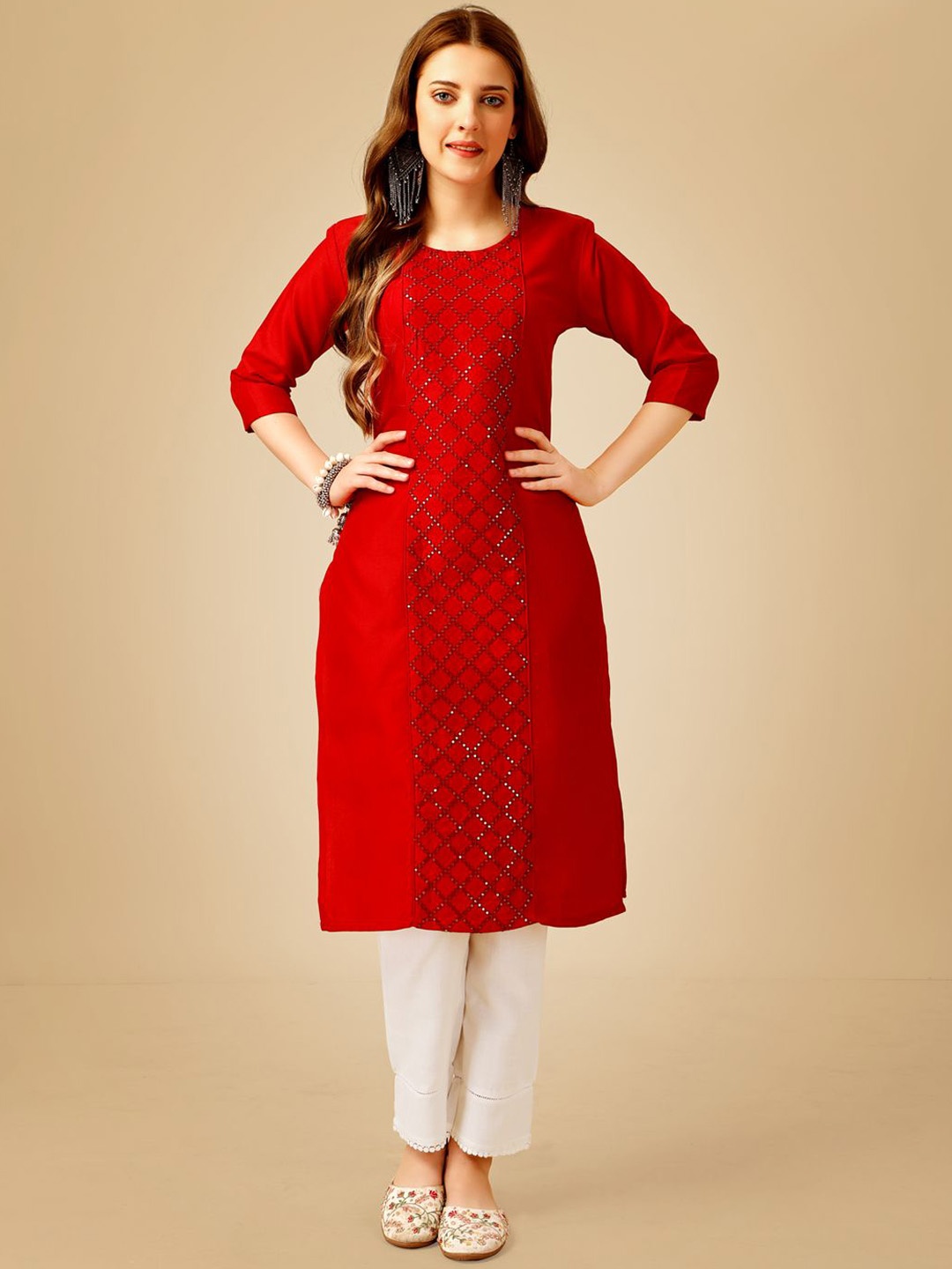 

BERISTON Checked Embroidered Sequinned Straight Kurta With Trouser, Red