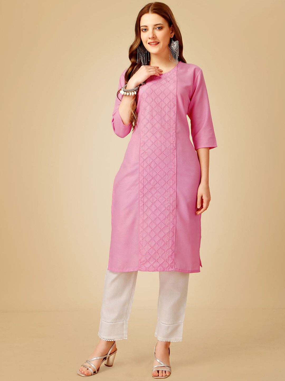 

BERISTON Checked Embroidered Sequinned Straight Kurta With Trouser, Pink