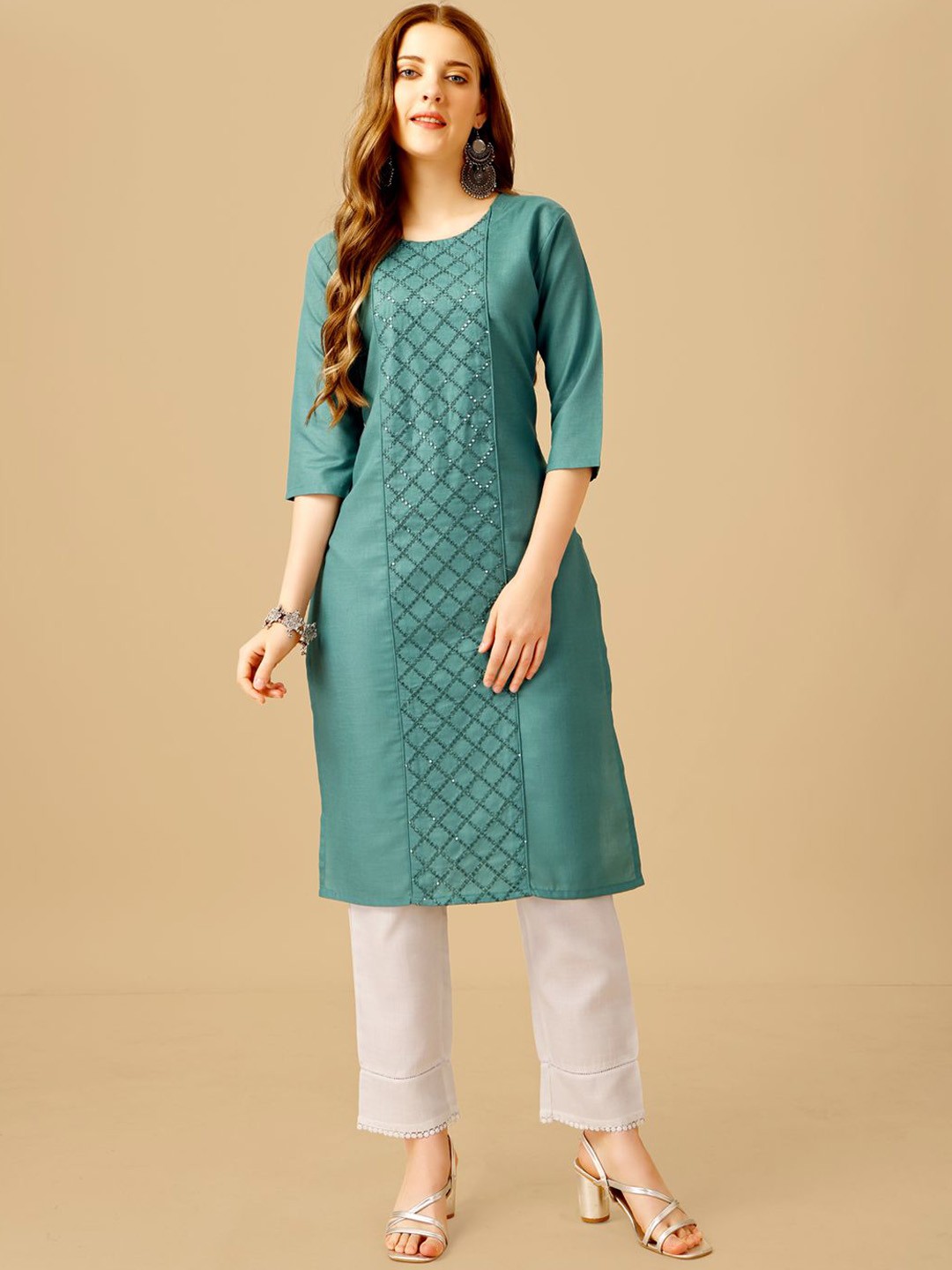 

BERISTON Checked Embroidered Sequinned Straight Kurta With Trouser, Teal