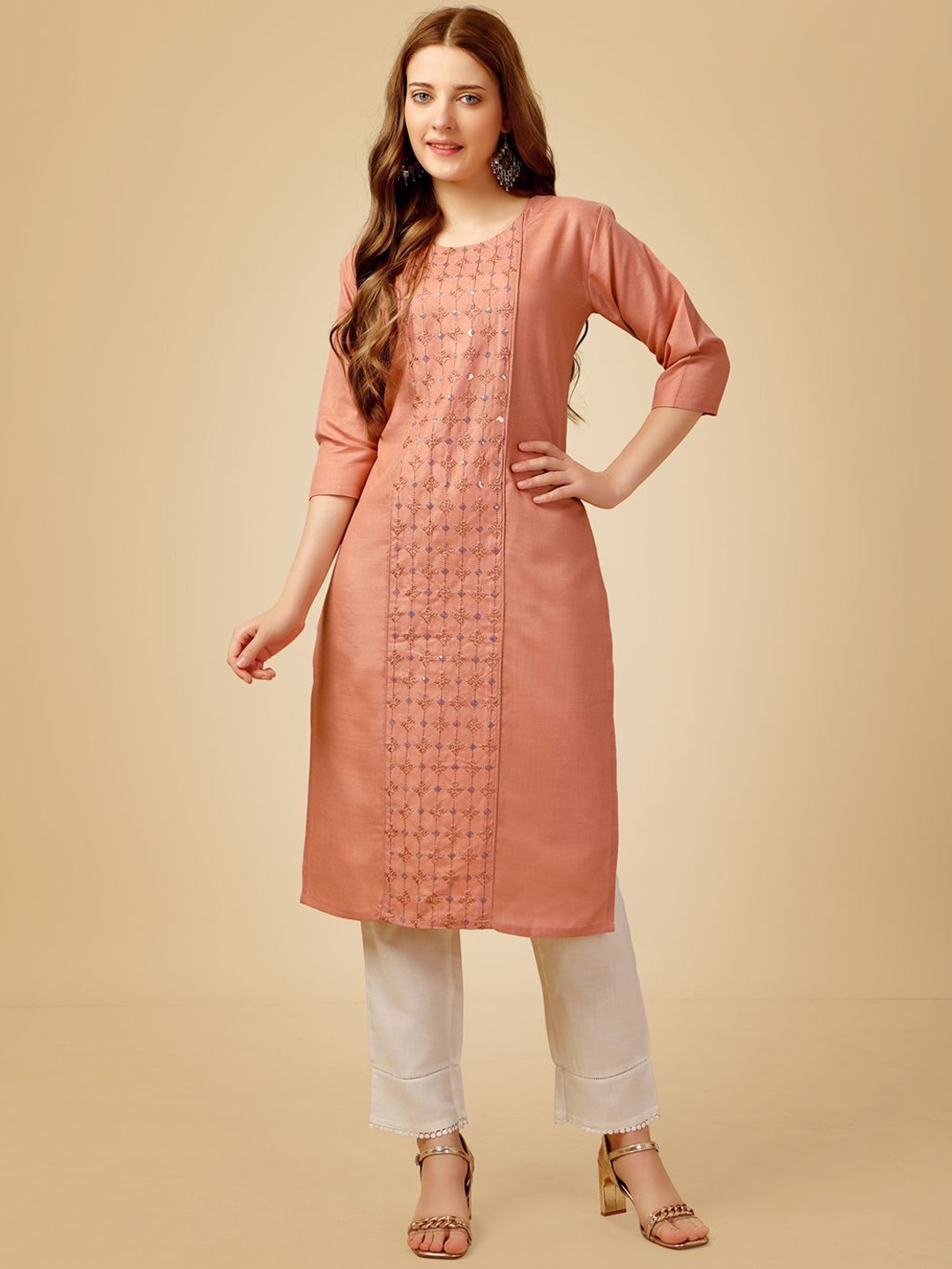 

BERISTON Ethnic Motifs Embroidered Sequinned Straight Kurta With Trouser, Peach