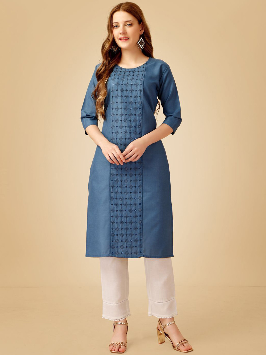 

BERISTON Ethnic Motifs Embroidered Round Neck Straight Kurta With Trousers, Blue