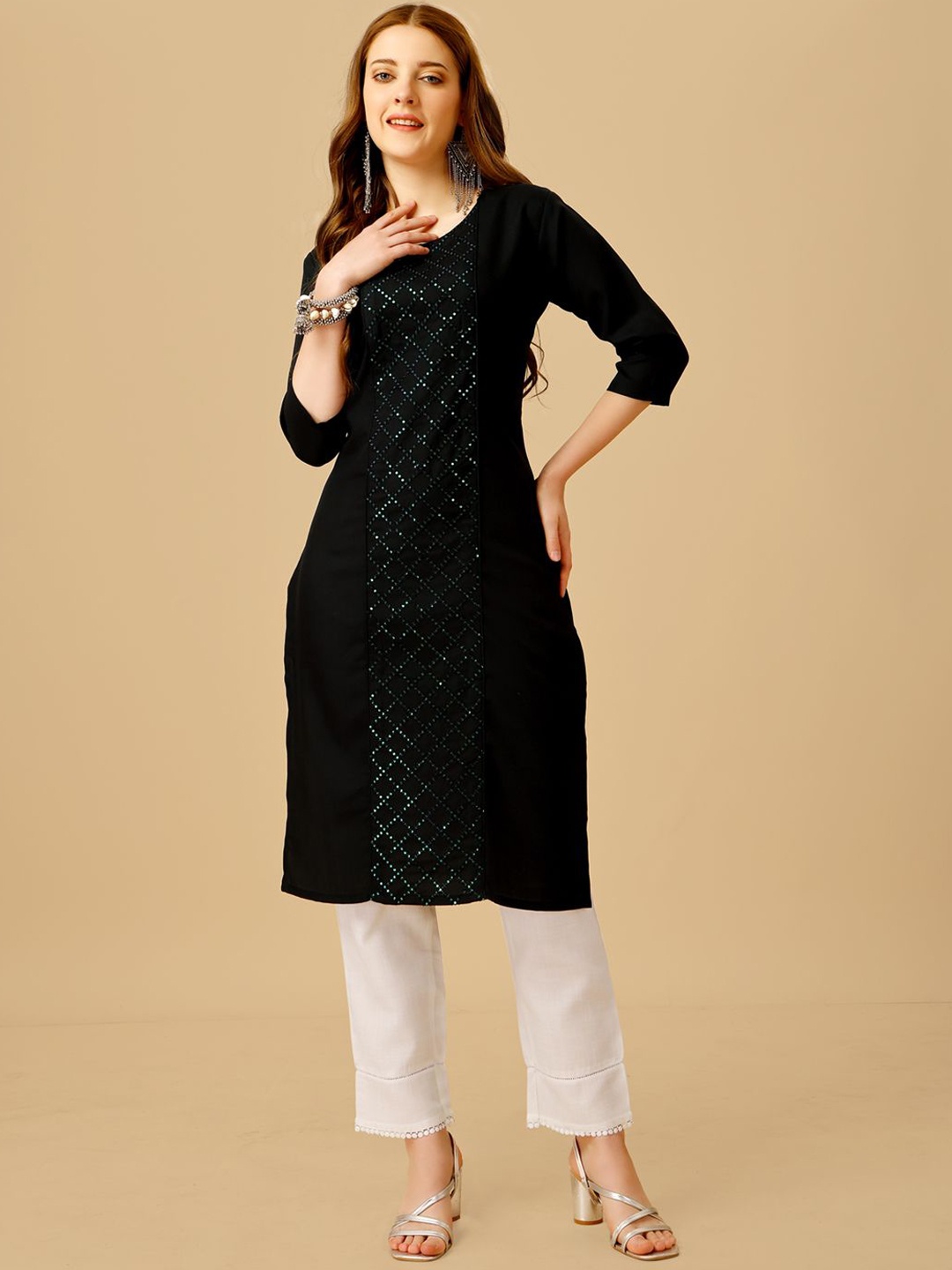 

BERISTON BERISTON Geometric Embroidered Sequinned Straight Kurta With Trousers, Black