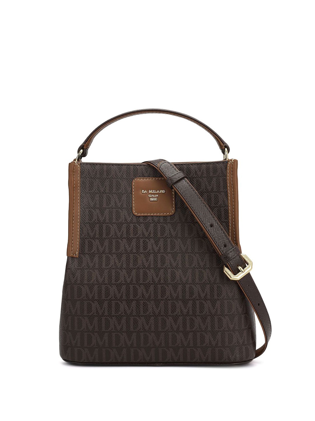 

Da Milano Women Typography Printed Bucket Leather Handheld Bag, Brown