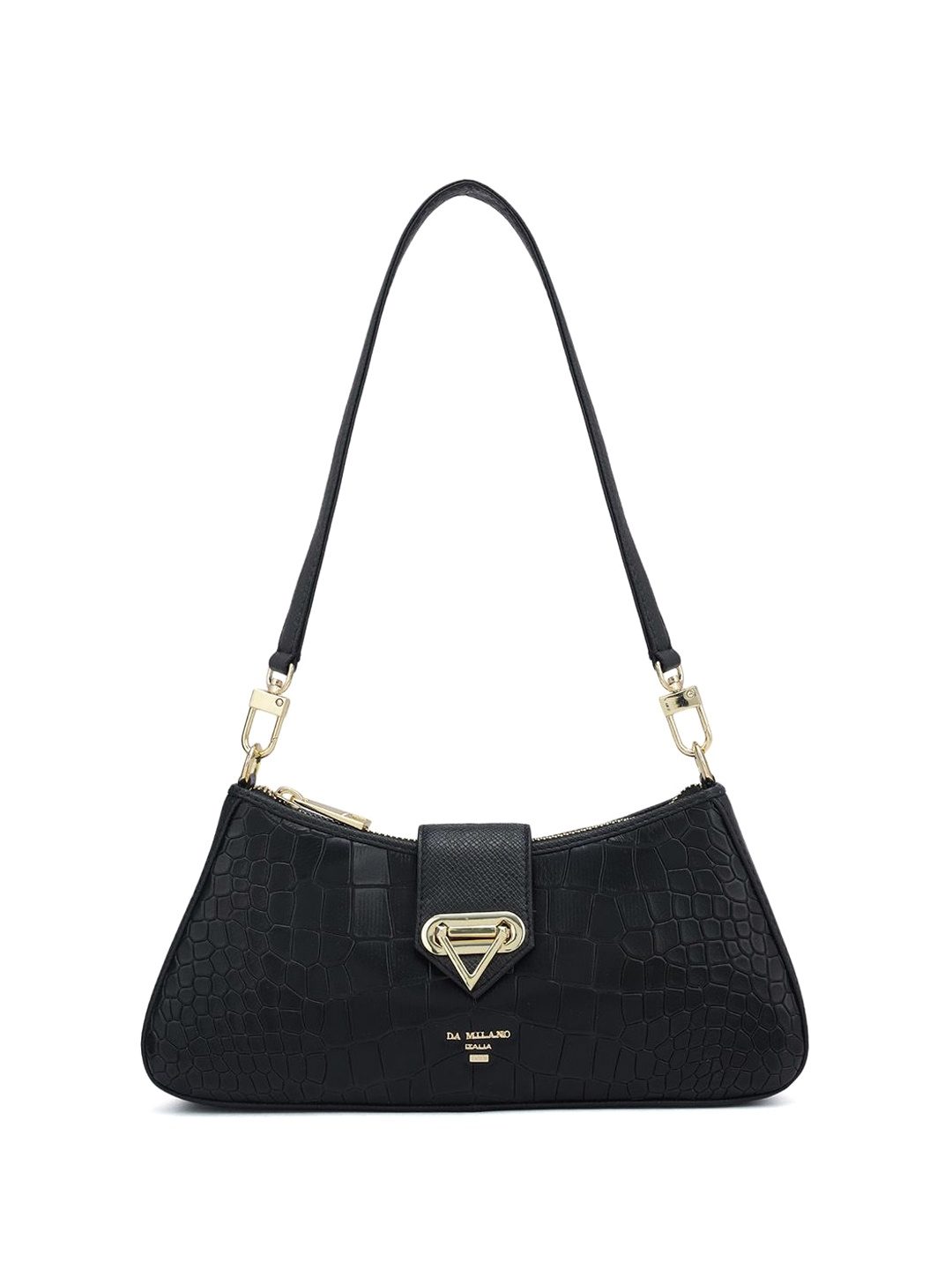 

Da Milano Women Textured Baguette Leather Shoulder Bag, Black