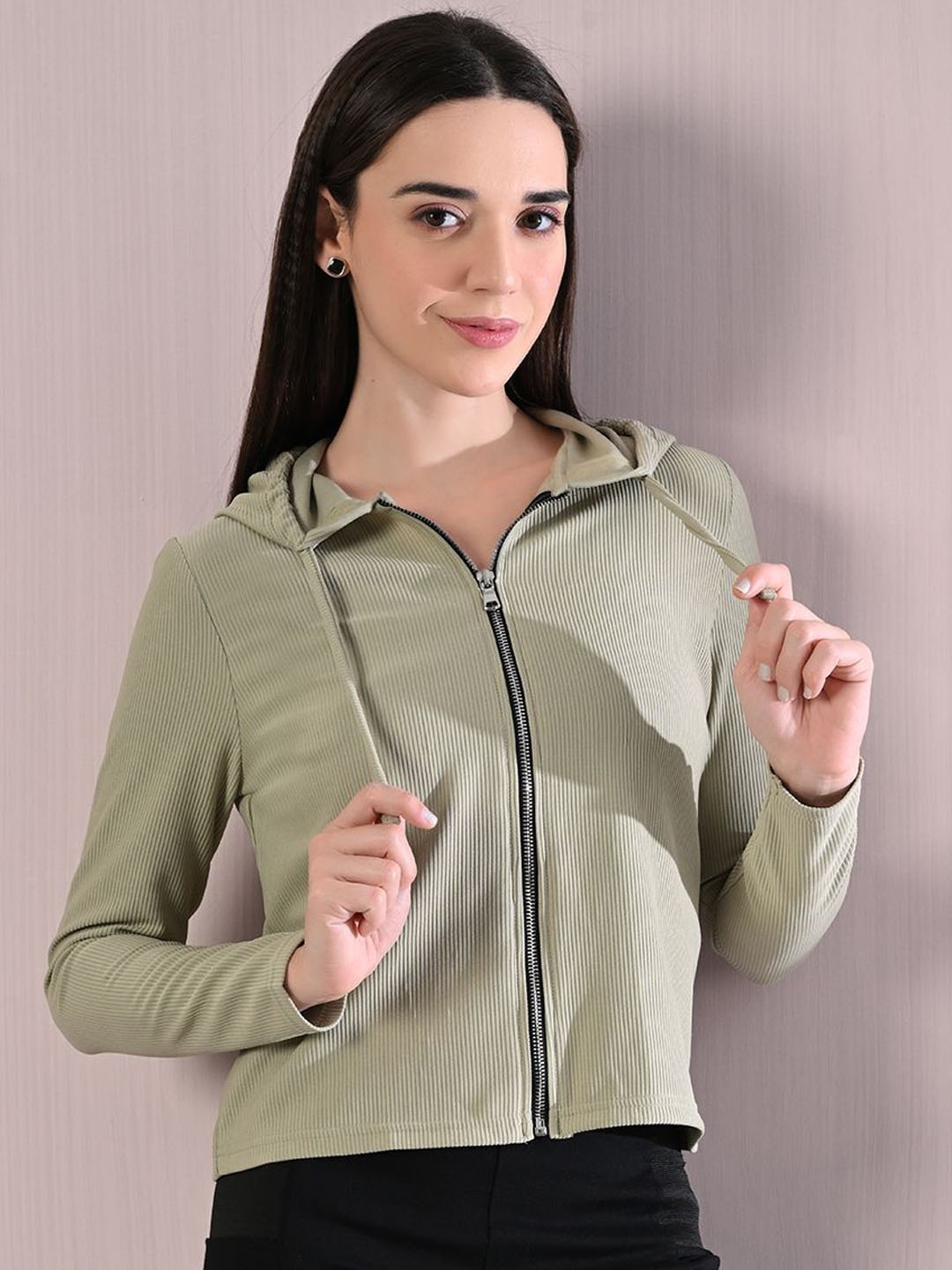

OWL MINK Women Hooded Solid Cotton Casual Bomber Jacket, Green