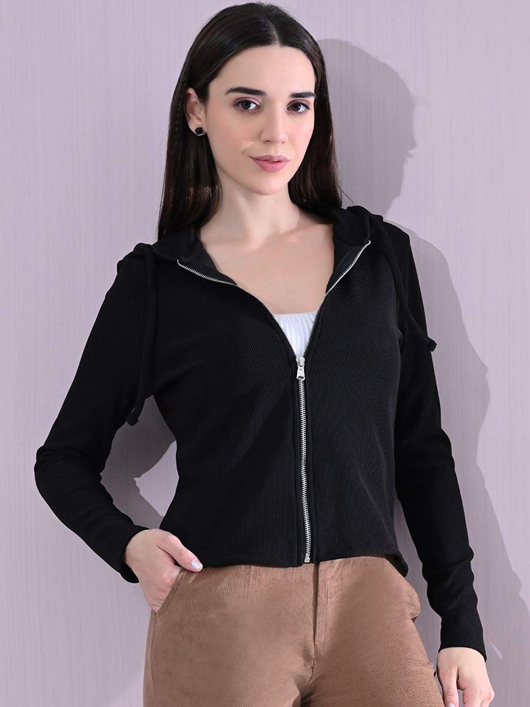 

OWL MINK Women Hooded Solid Cotton Casual Tailored Jacket, Black