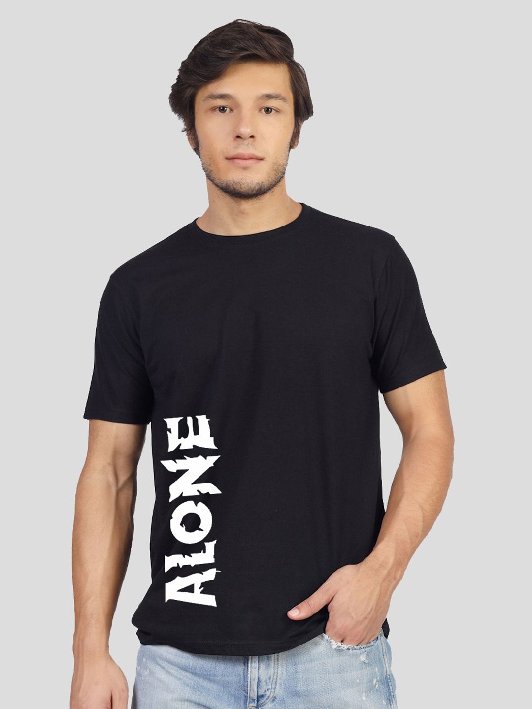 

Greylongg Men Typography Printed Round Neck Cotton T-shirt, Black