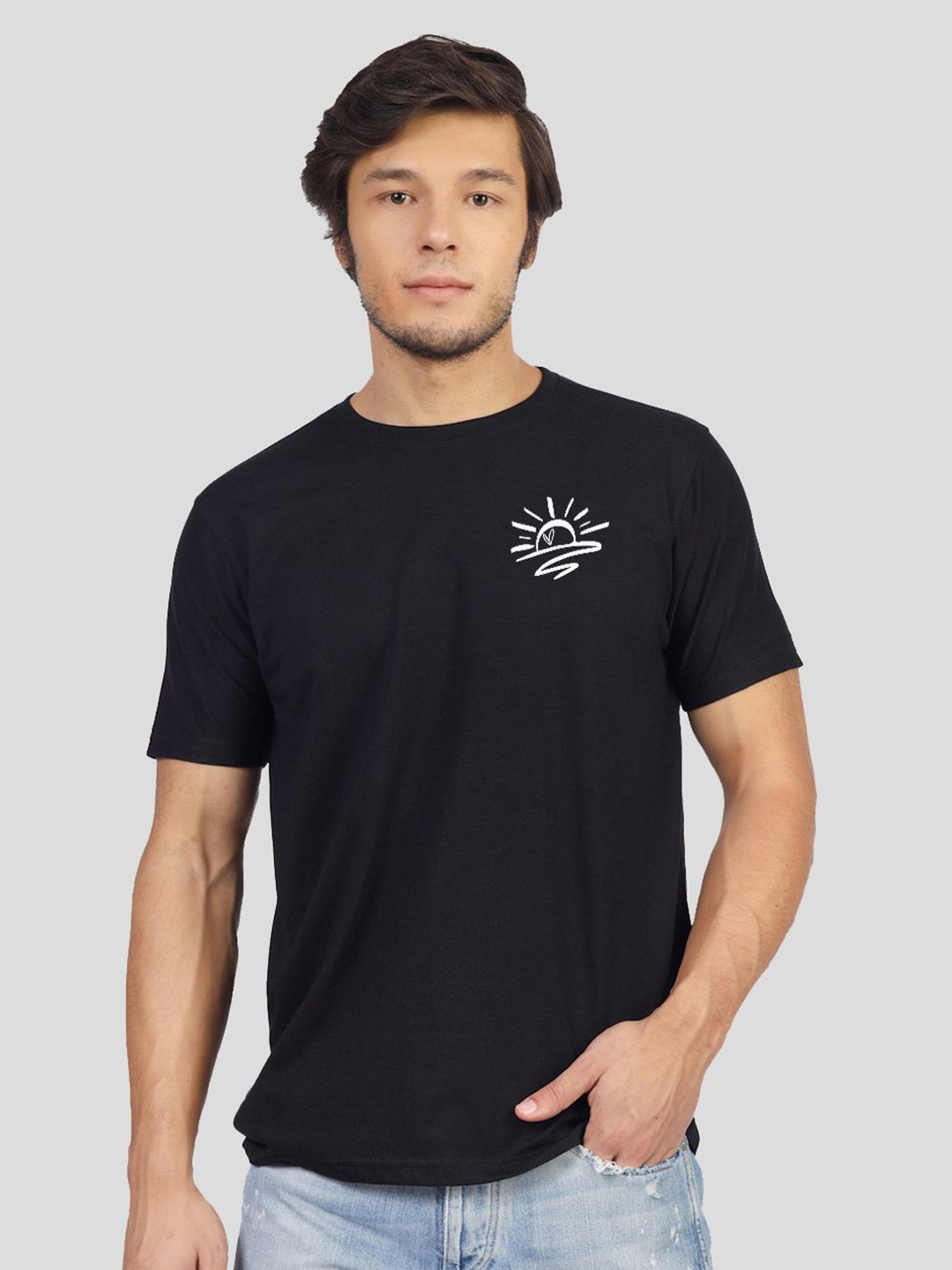 Greylongg Men Graphic Printed Round Neck Cotton T-shirt, Black