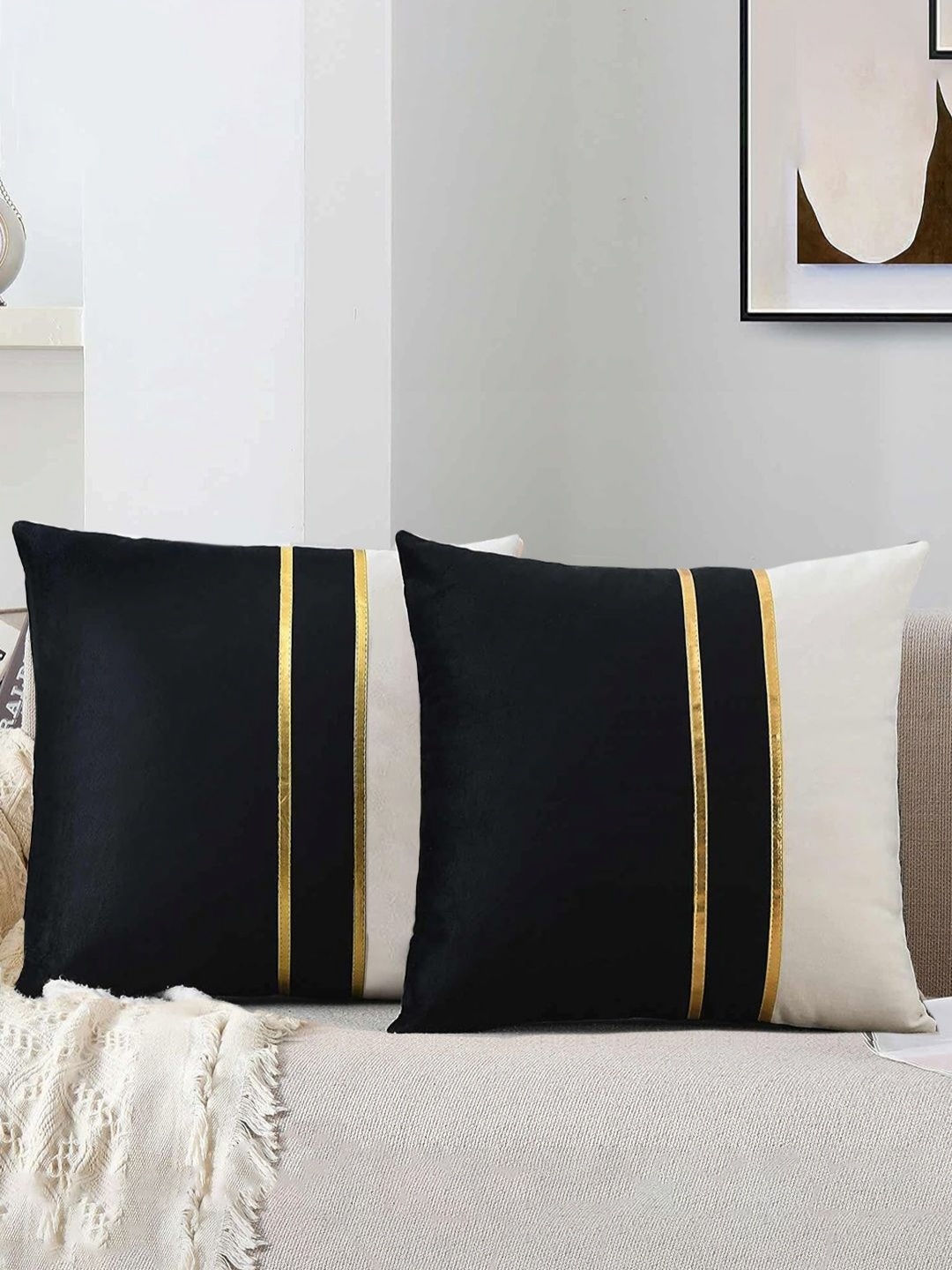 

AEROHAVEN Black & White 2 Pieces Colourblocked Velvet Square Cushion Covers