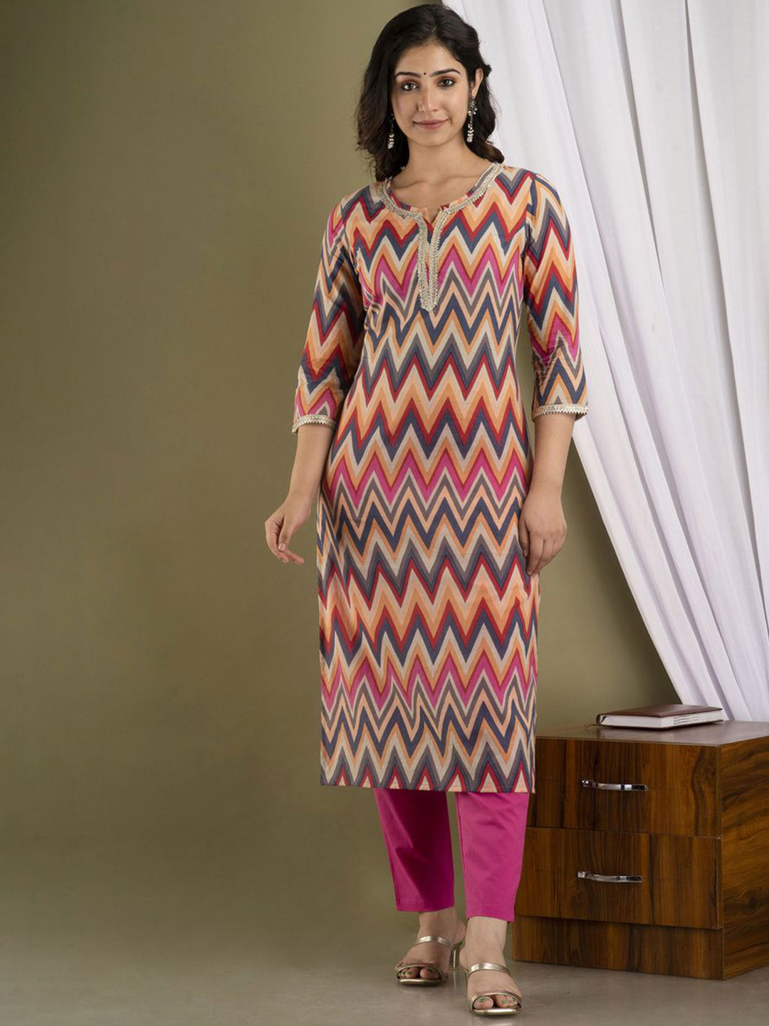 

Shivaradhya Designers Chevron Printed Notch Neck Pure Cotton Kurta With Trousers, Pink
