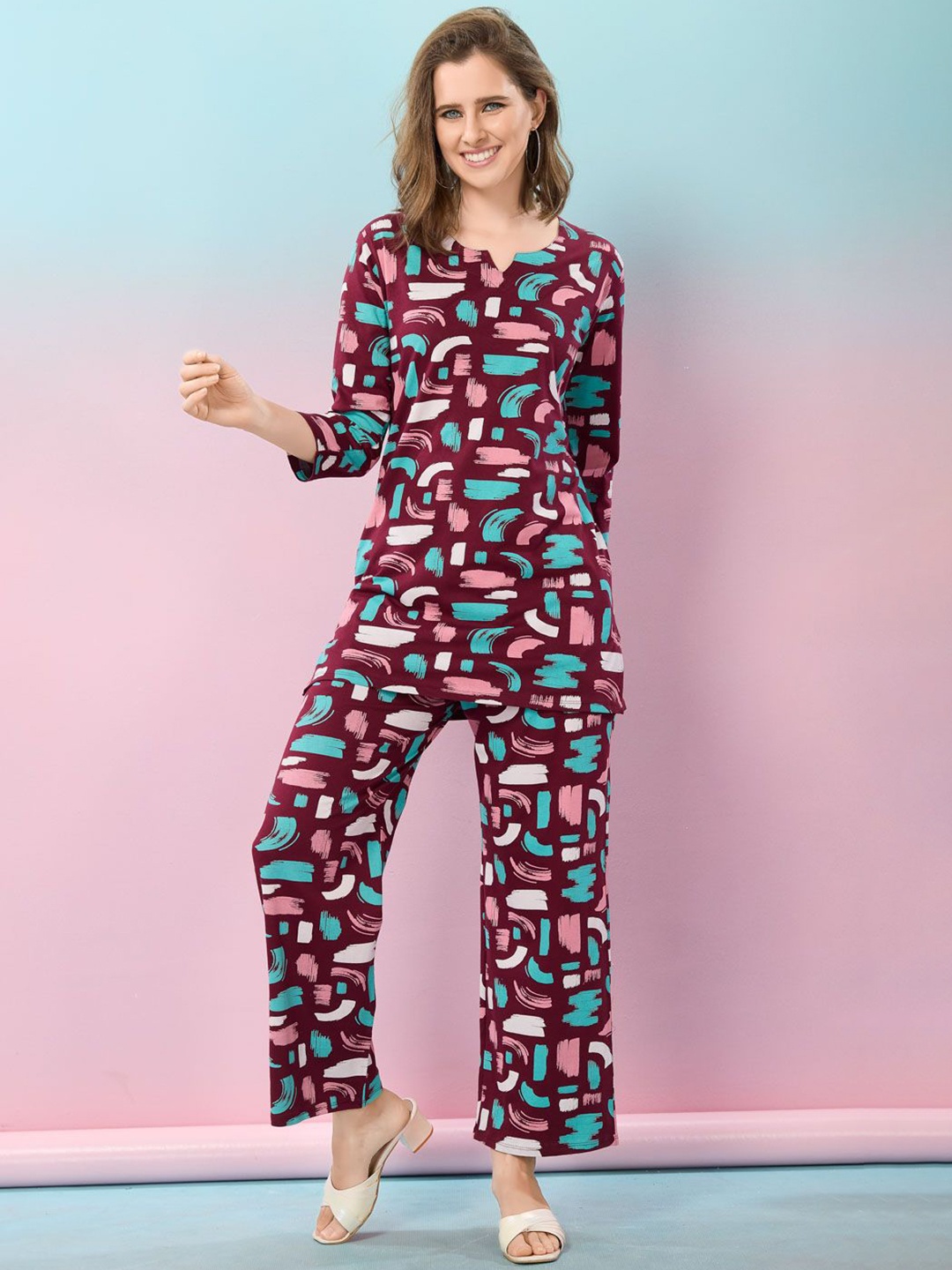 

NIGHT FLOSS Printed Pure Cotton Tunic & Palazzo, Brown