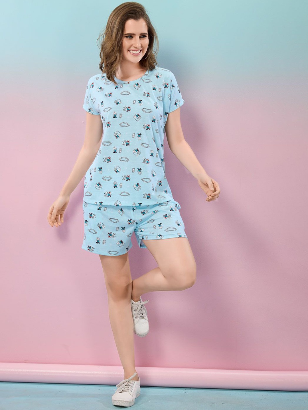 

NIGHT FLOSS Printed Round Neck Top & Shorts, Blue