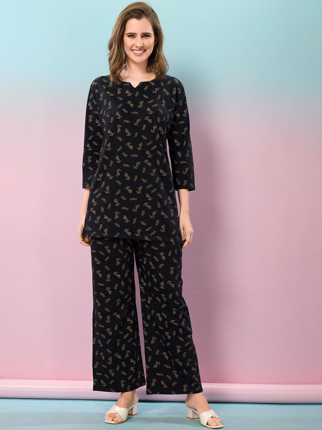 

NIGHT FLOSS Printed Round Neck Three-Quarter Sleeves Pure Cotton Tunic & Trouser, Black