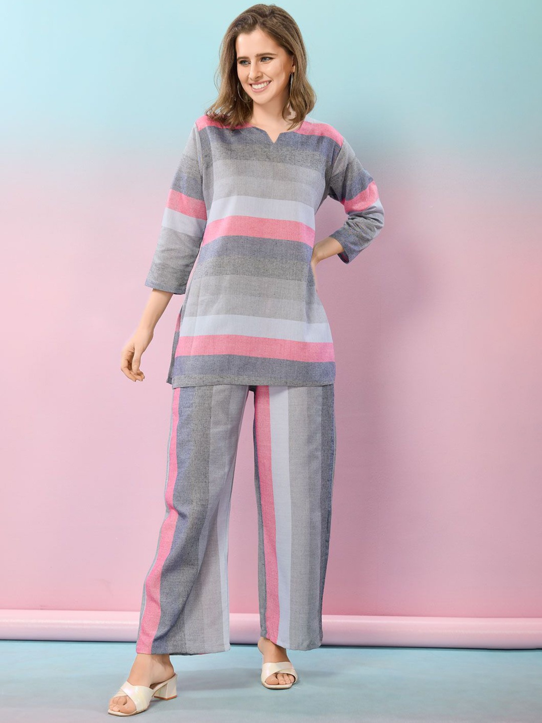 

NIGHT FLOSS Striped Round Neck Three-Quarter Sleeves Pure Cotton Tunic & Trouser, Pink