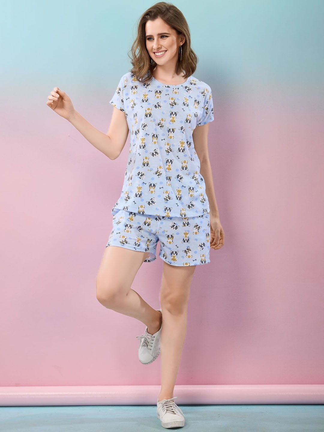 

NIGHT FLOSS Printed Round Neck Short Sleeves T-Shirt With Shorts, Blue
