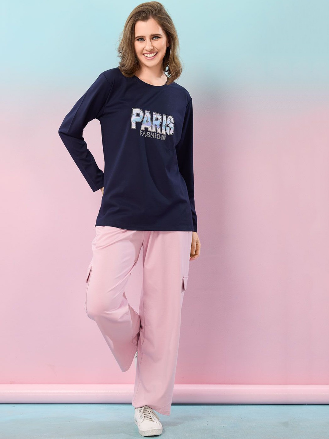 

NIGHT FLOSS Printed Round Neck Long Sleeves T-Shirt With Trouser, Blue