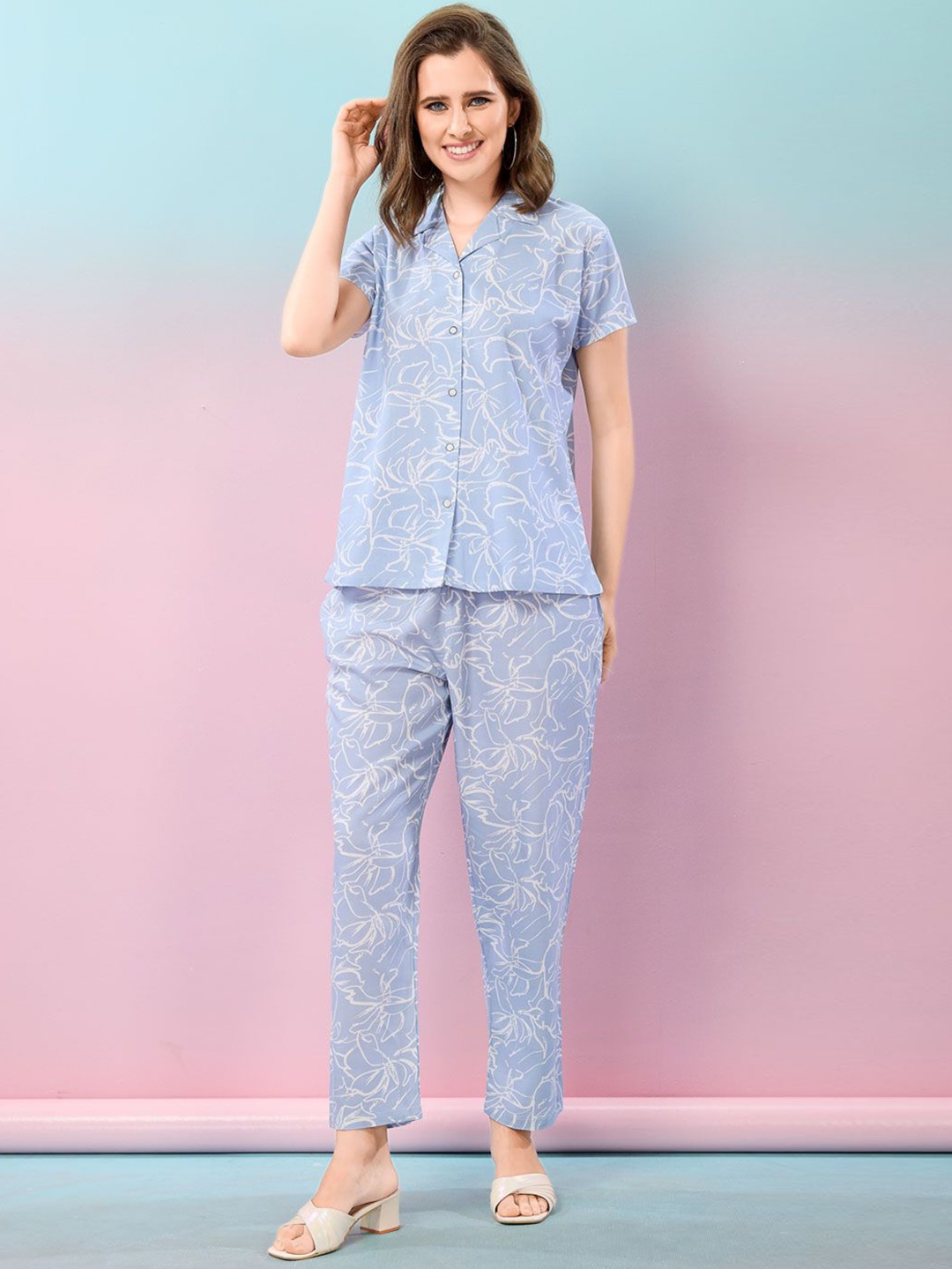 

NIGHT FLOSS Printed Lapel Collar Short Sleeves Pure Cotton Shirt & Trouser, Blue