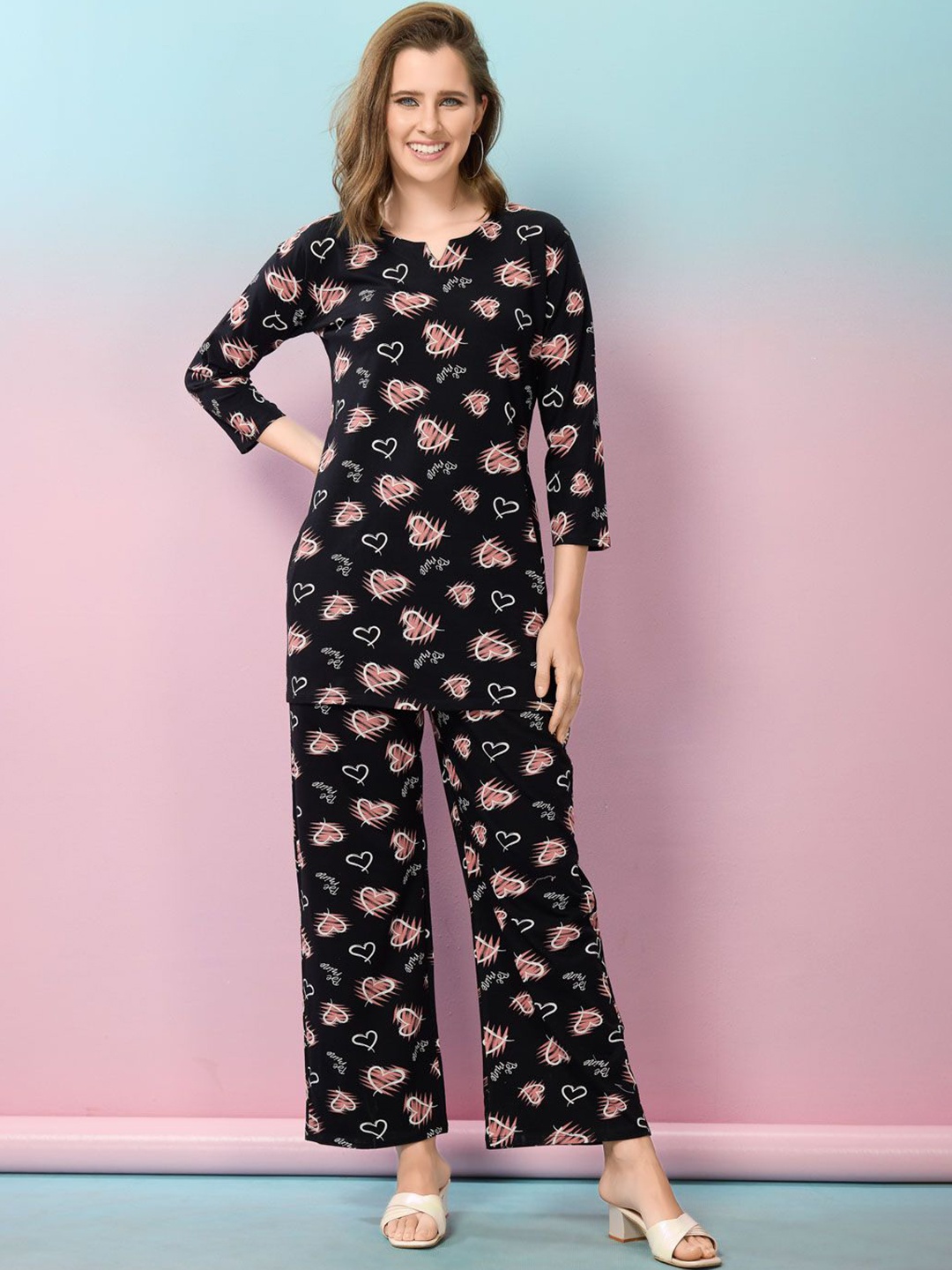 

NIGHT FLOSS Printed Round Neck Three-Quarter Sleeves Pure Cotton Tunic & Trouser, Black