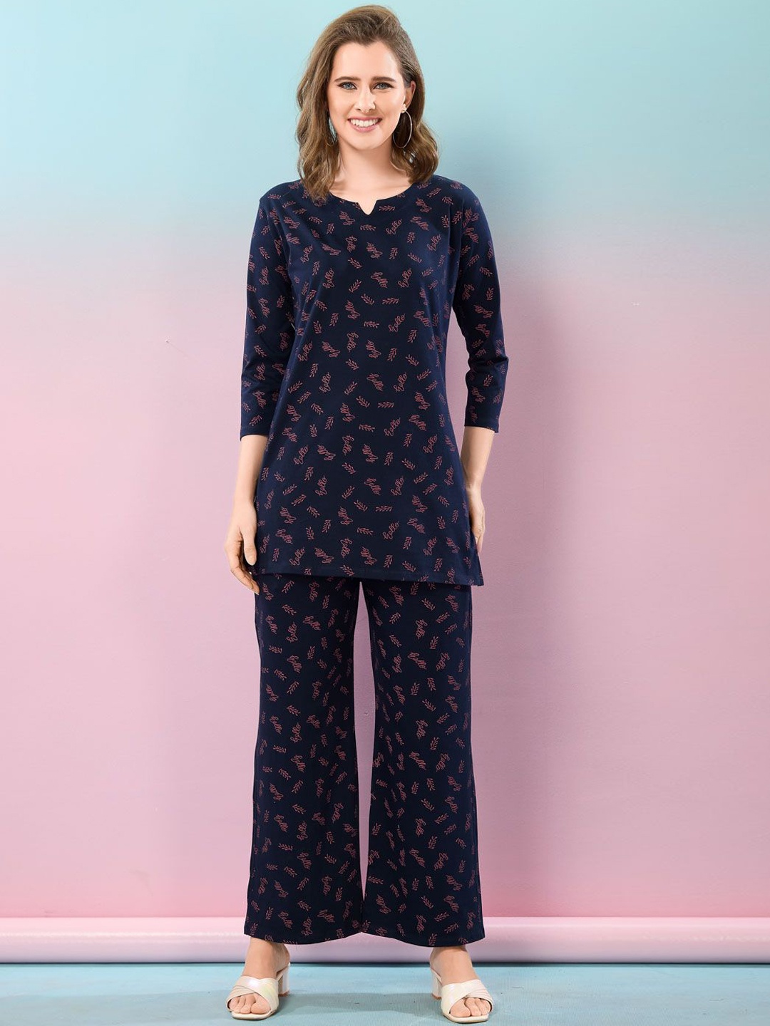 

NIGHT FLOSS Printed Round Neck Three-Quarter Sleeves Pure Cotton Tunic & Trouser, Blue