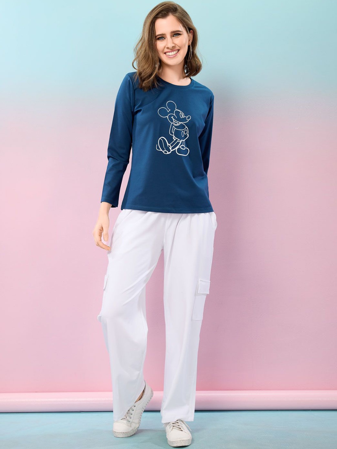 

NIGHT FLOSS Printed Round Neck Long Sleeves Pure Cotton T-Shirt With Trouser, Navy blue