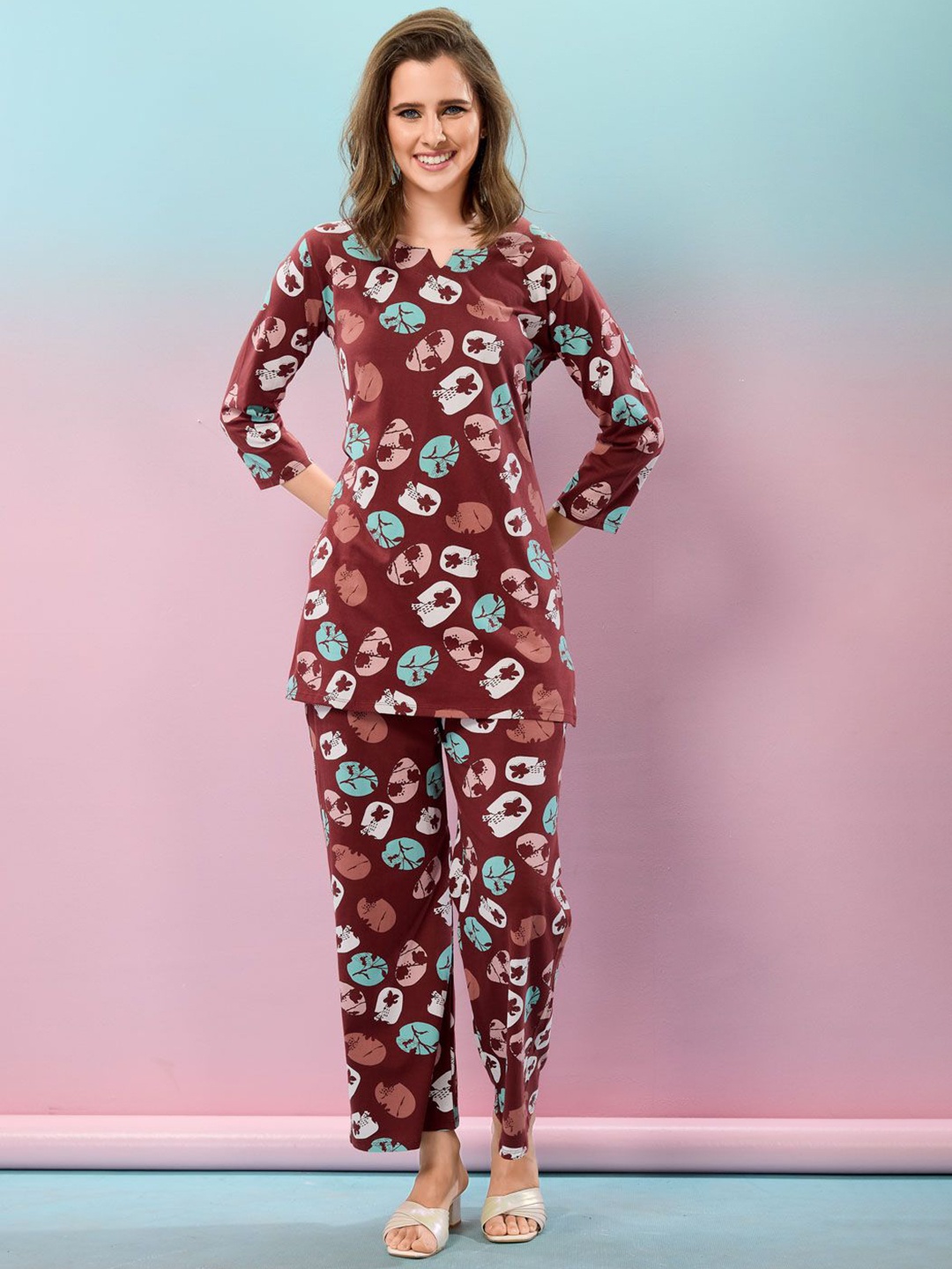 

NIGHT FLOSS Printed Round Neck Three-Quarter Sleeves Pure Cotton Tunic & Trouser, Brown