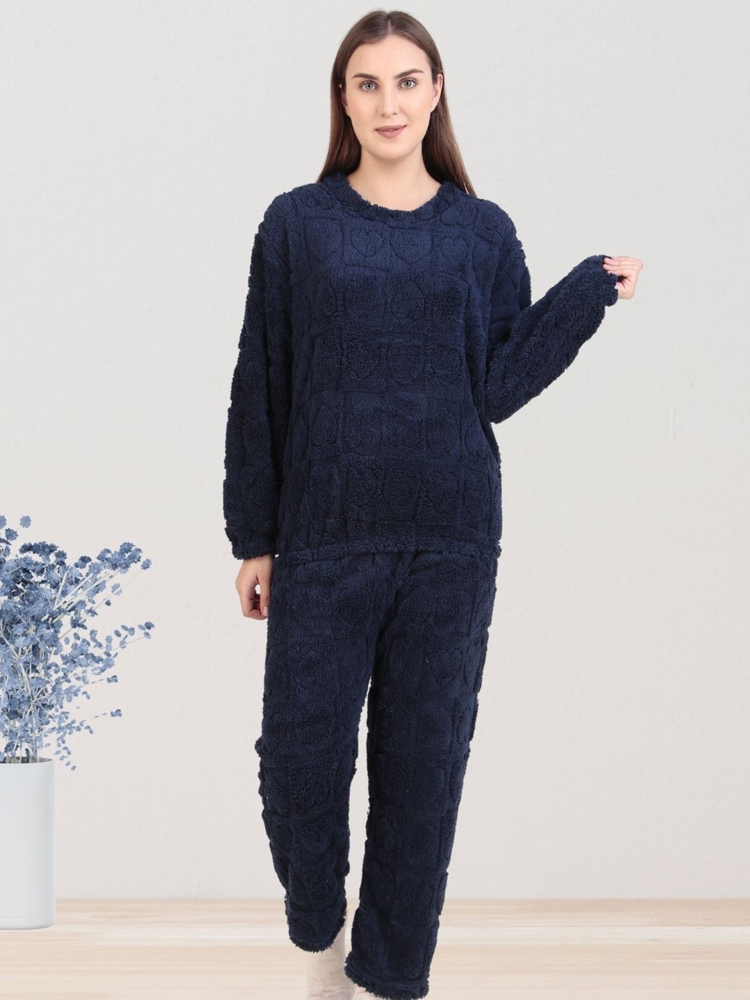 

Untamed Clothing Women Self Design Night suit, Navy blue