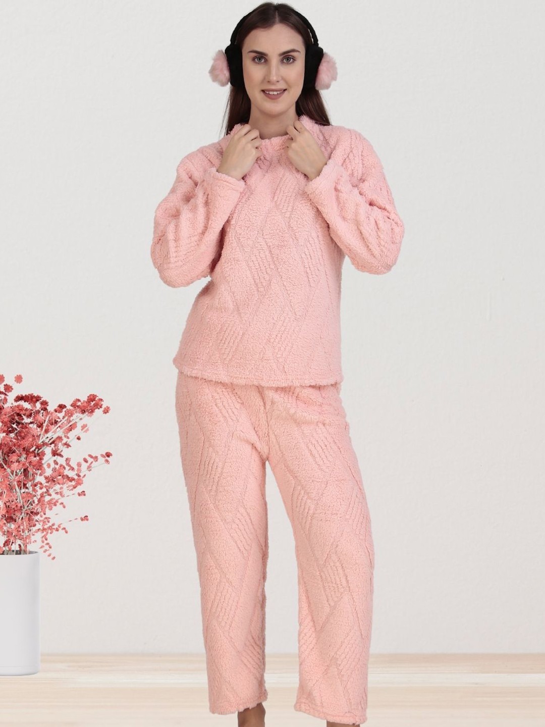 

Untamed Clothing Women Self Design Winter Night suit, Pink