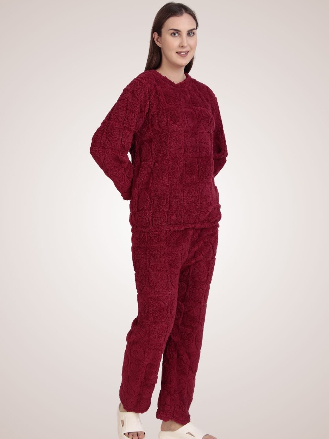 

Untamed Clothing Women Self Design Round Neck Night suit, Maroon