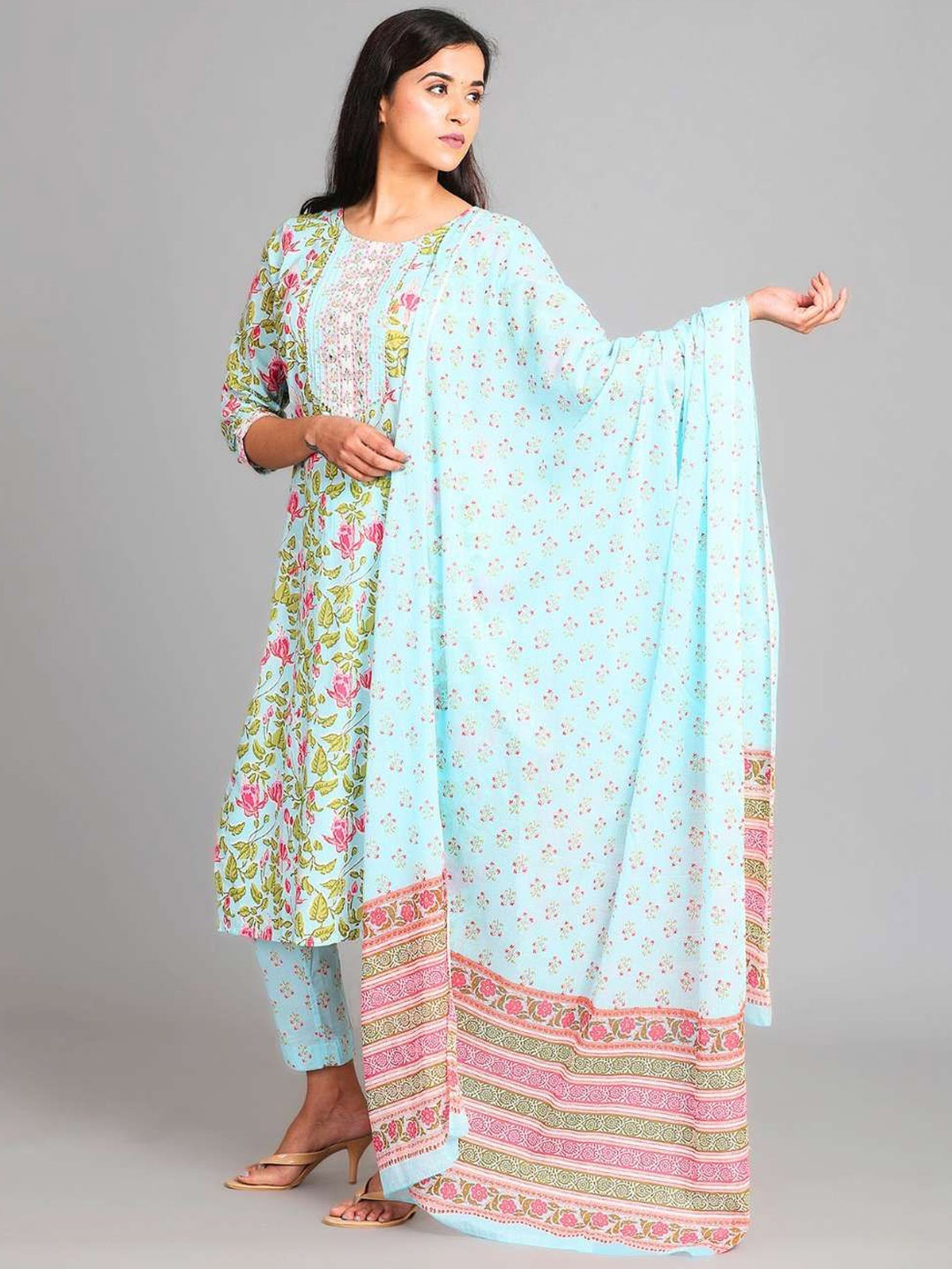 

AAVARANA BY KARNIKA Floral Printed Round Neck Pure Cotton Kurta With Trouser And Dupatta, Blue